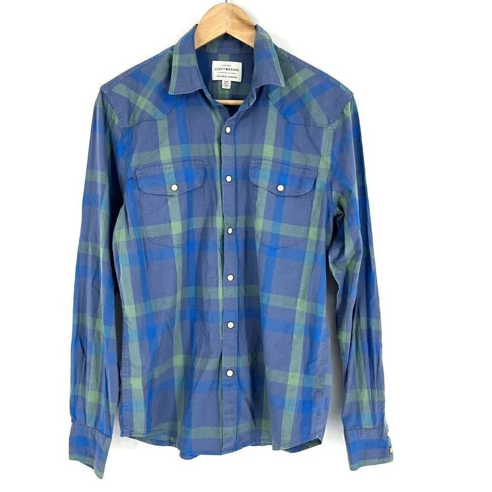 Lucky Brand Shirt Size Small Mens Green Blue Check Pearl Snap Saturday Stretch
